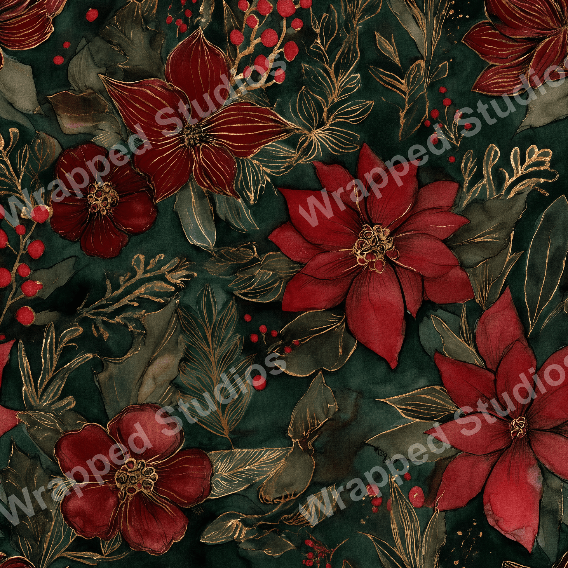 Elegant floral pattern with deep red flowers, green leaves, and golden accents.