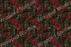 Elegant floral pattern with red poinsettias, winter berries, and gold botanical accents on a dark green background.