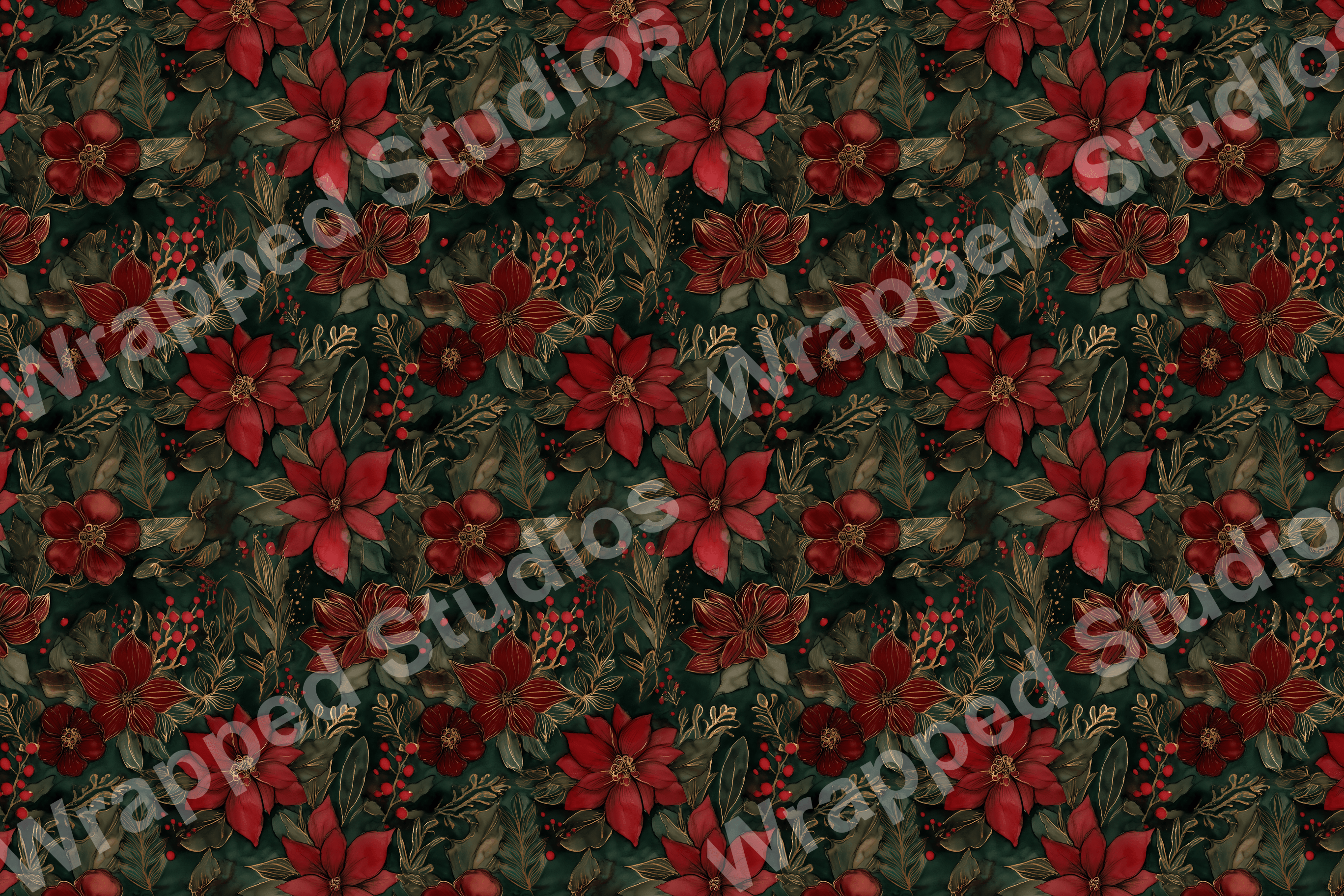 Elegant floral pattern with red poinsettias, winter berries, and gold botanical accents on a dark green background.