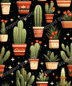 Seamless cacti pattern with potted plants, red flowers, and twinkling stars on a dark background.