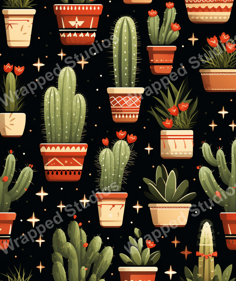 Seamless cacti pattern with potted plants, red flowers, and twinkling stars on a dark background.