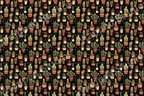 Whimsical botanical pattern with potted cacti and succulents on a black background with star accents.