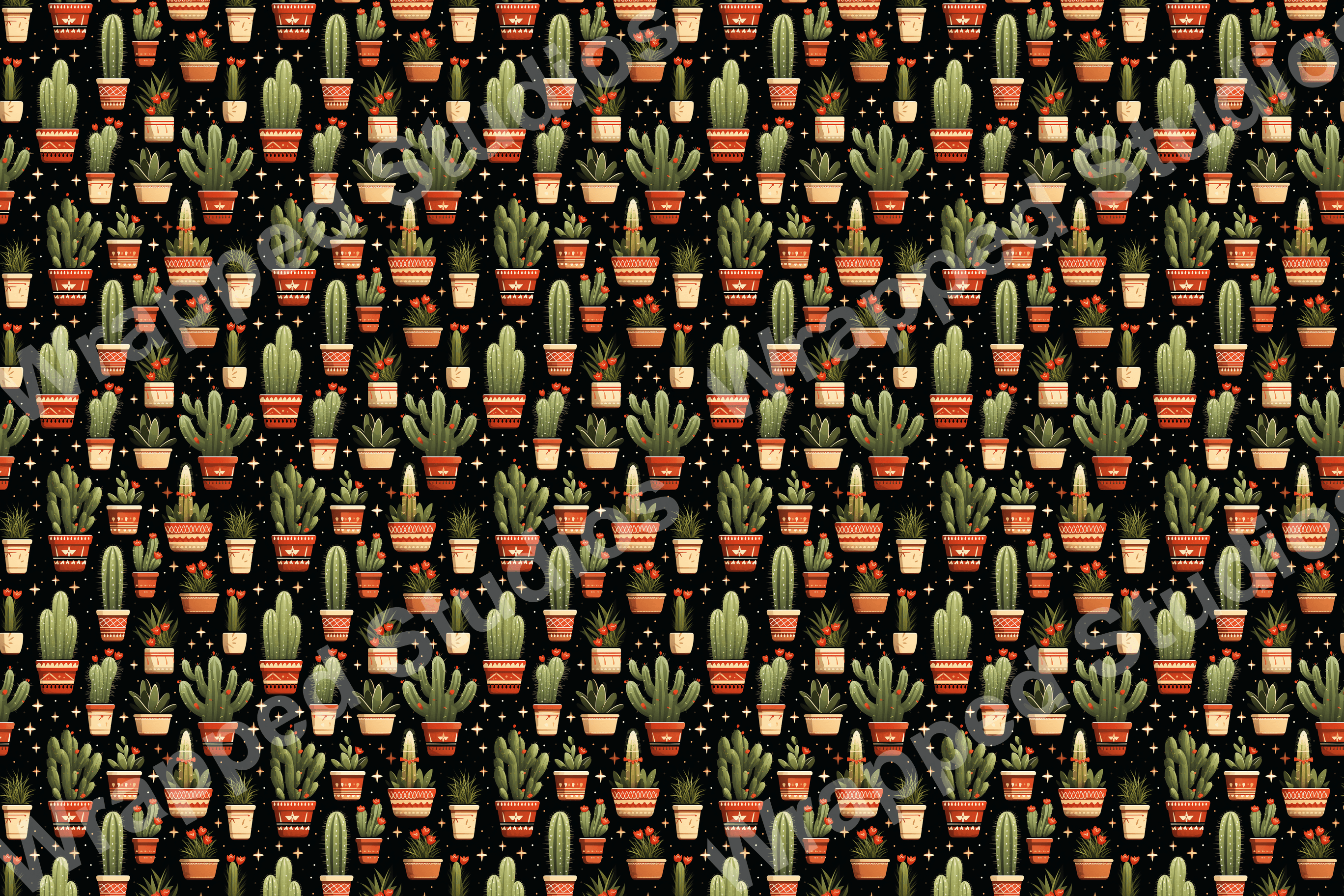 Whimsical botanical pattern with potted cacti and succulents on a black background with star accents.