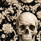 Gothic skull and vintage baroque floral pattern in cream and black.