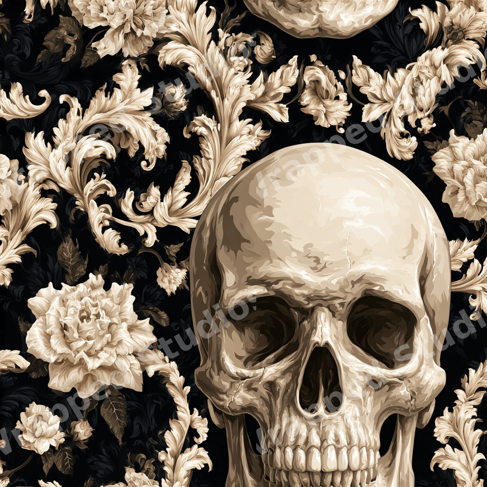 Gothic skull and vintage baroque floral pattern in cream and black.