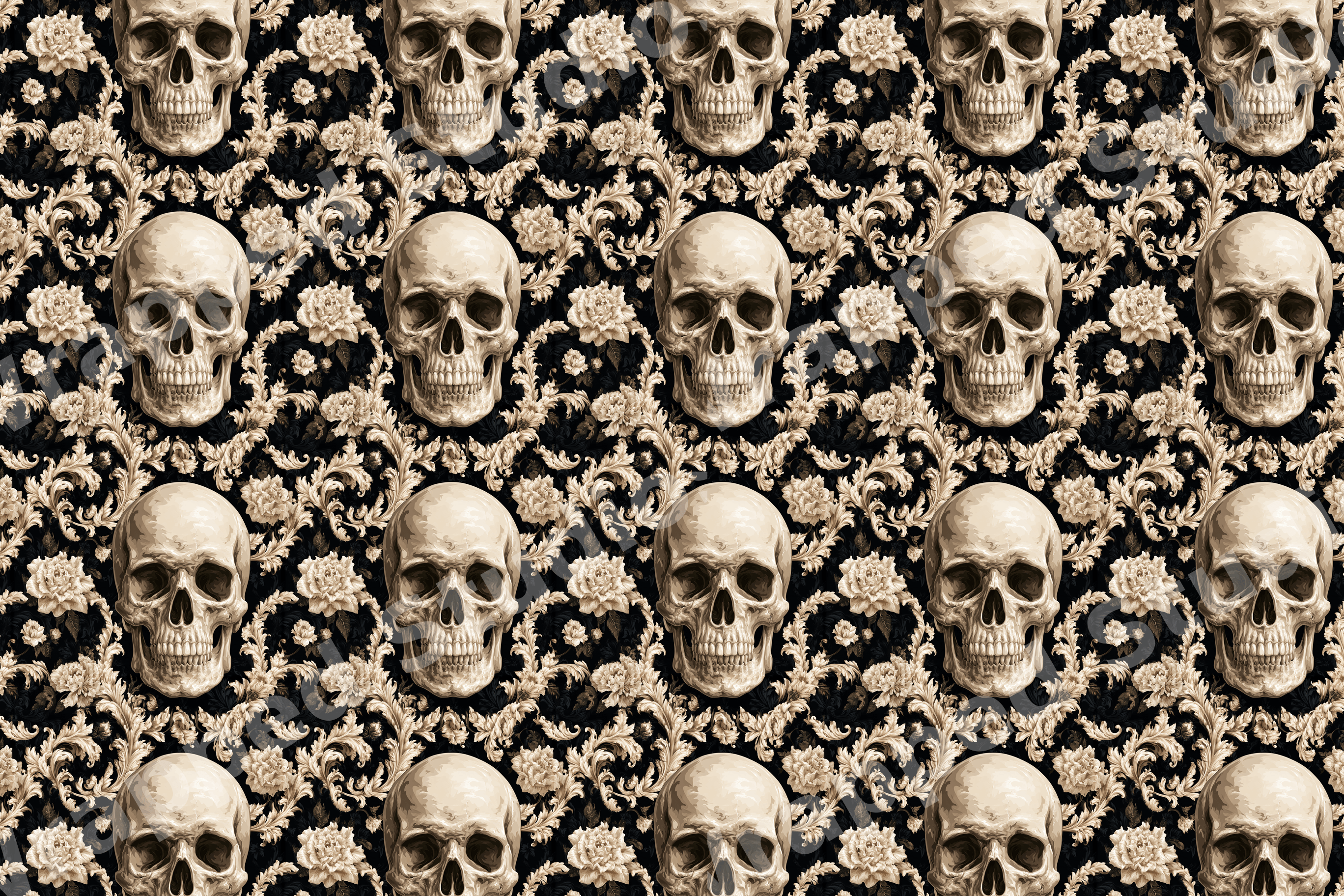 Gothic skull pattern with vintage baroque floral damask in beige and black.