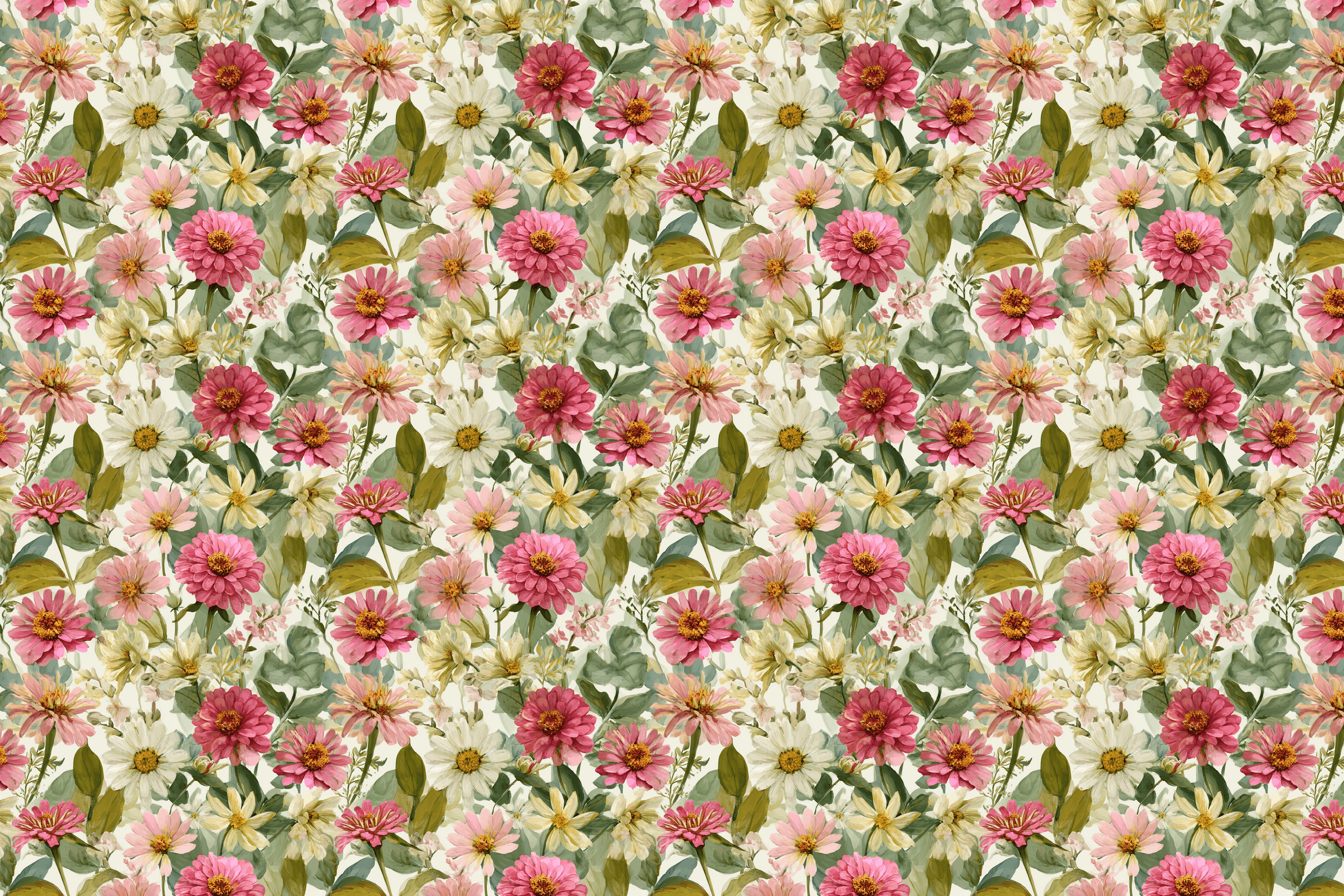 Pattern of pink and white flowers with green leaves on a floral background