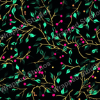 Elegant floral pattern with green leaves, pink berries, and gold branches on a black background.