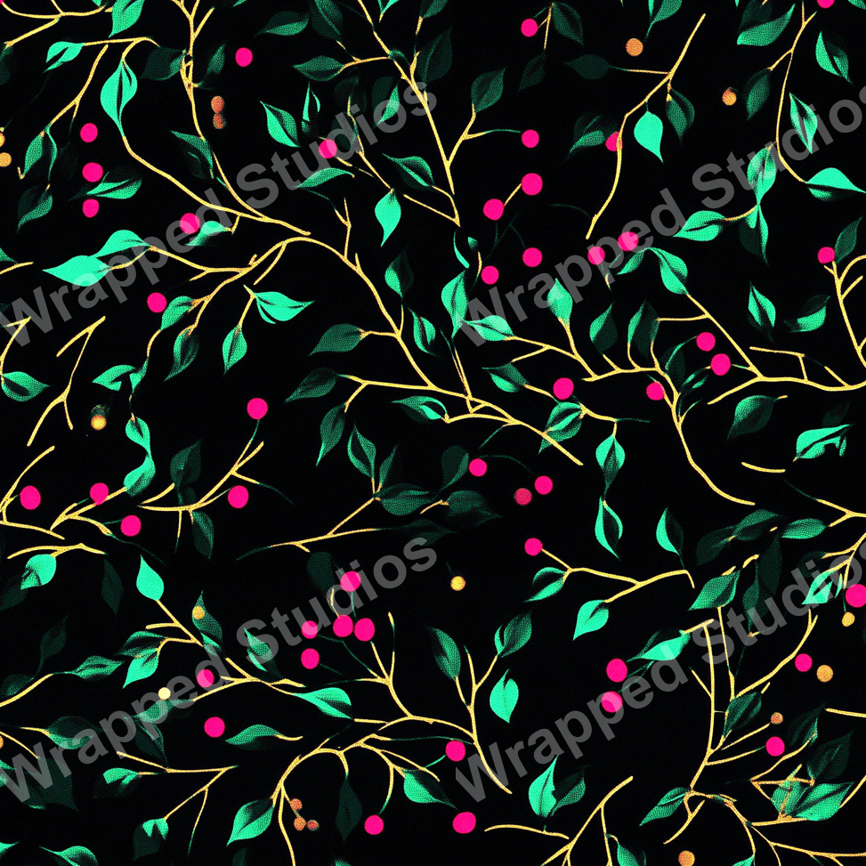 Elegant floral pattern with green leaves, pink berries, and gold branches on a black background.