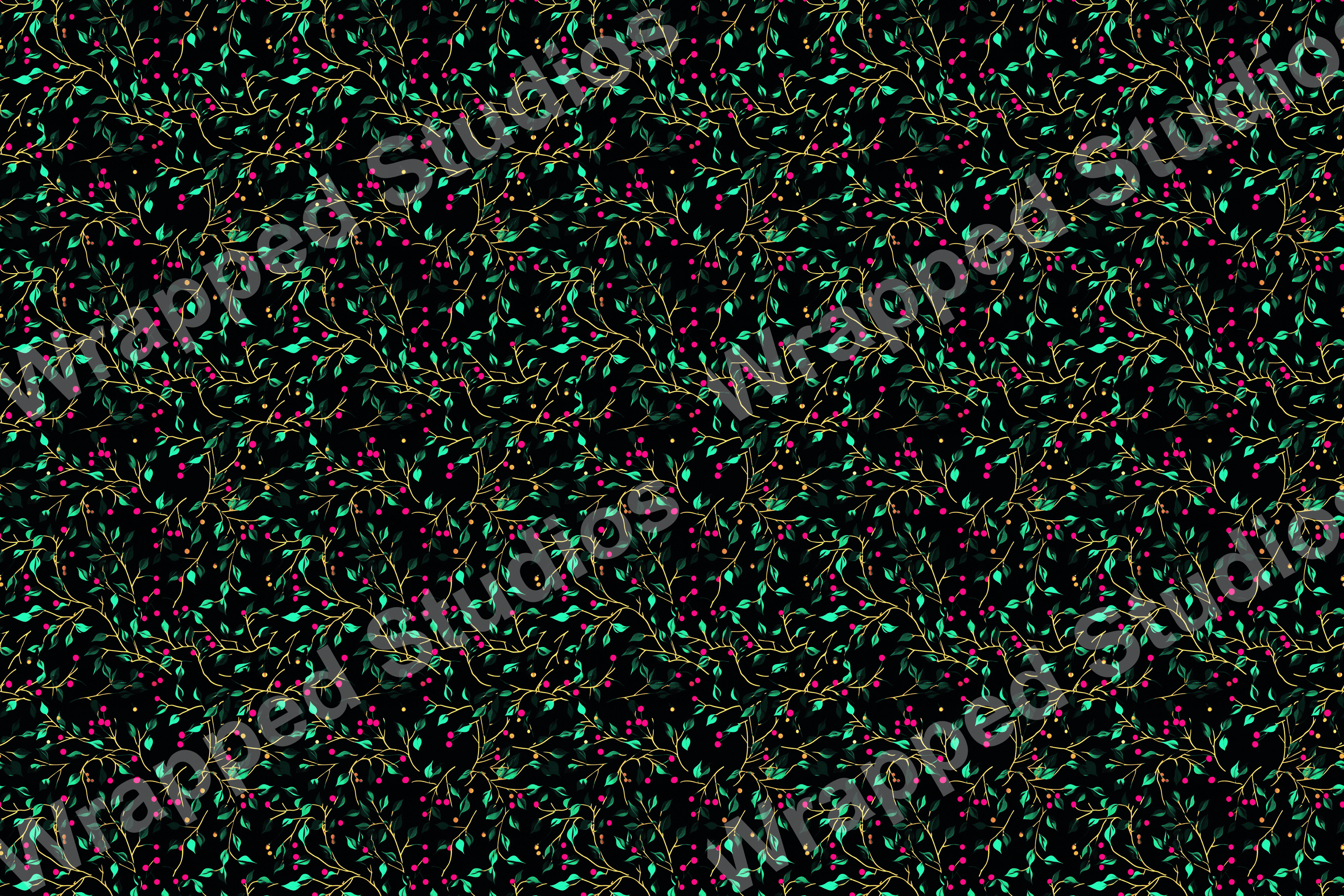 Whimsical floral pattern with green leaves, pink berries, and golden branches on a black background.