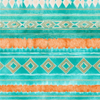 Southwestern watercolor geometric pattern in teal and orange with tribal stripes and diamonds.