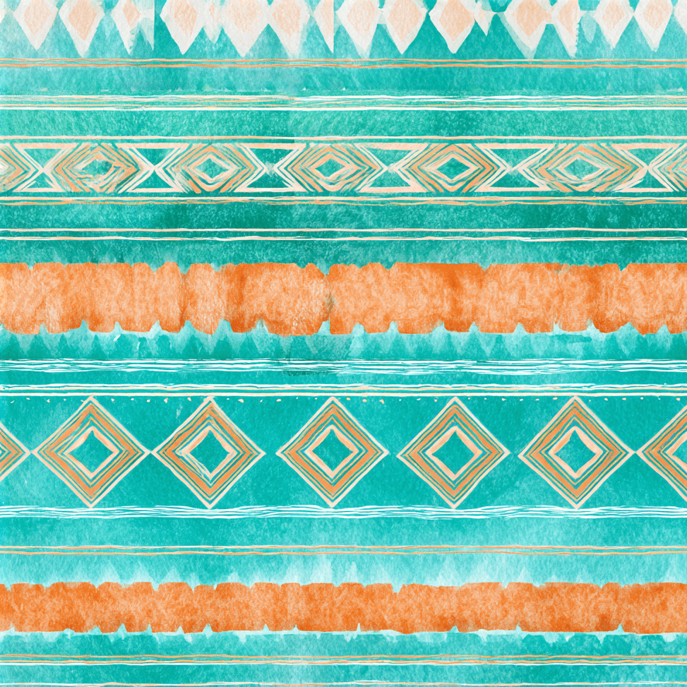 Southwestern watercolor geometric pattern in teal and orange with tribal stripes and diamonds.