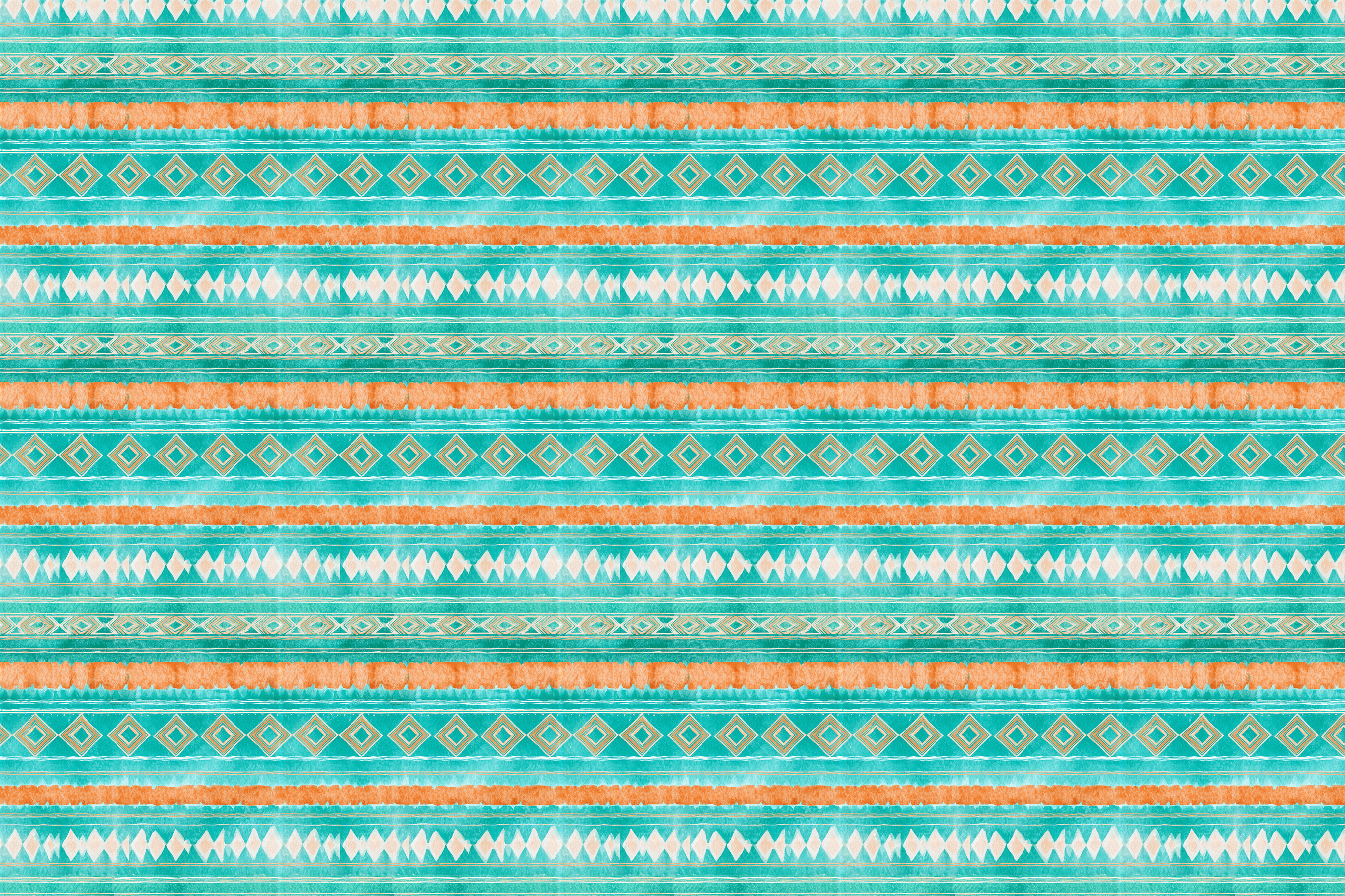 Vibrant teal and orange watercolor southwestern geometric pattern with tribal stripes.
