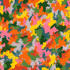 Colorful abstract pattern with camo-like shapes in orange, yellow, pink, green, and gray hues.