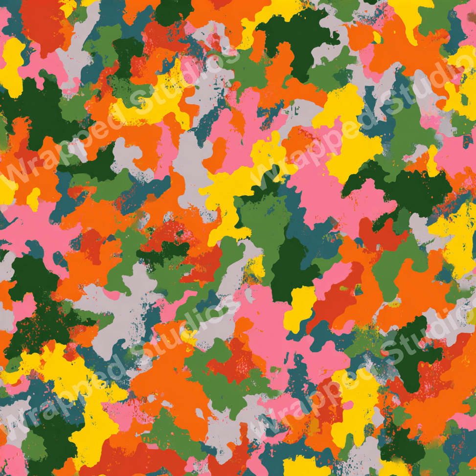 Colorful abstract pattern with camo-like shapes in orange, yellow, pink, green, and gray hues.