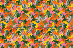 Colorful abstract camouflage pattern with pink, orange, yellow, green, grey, and red organic shapes.