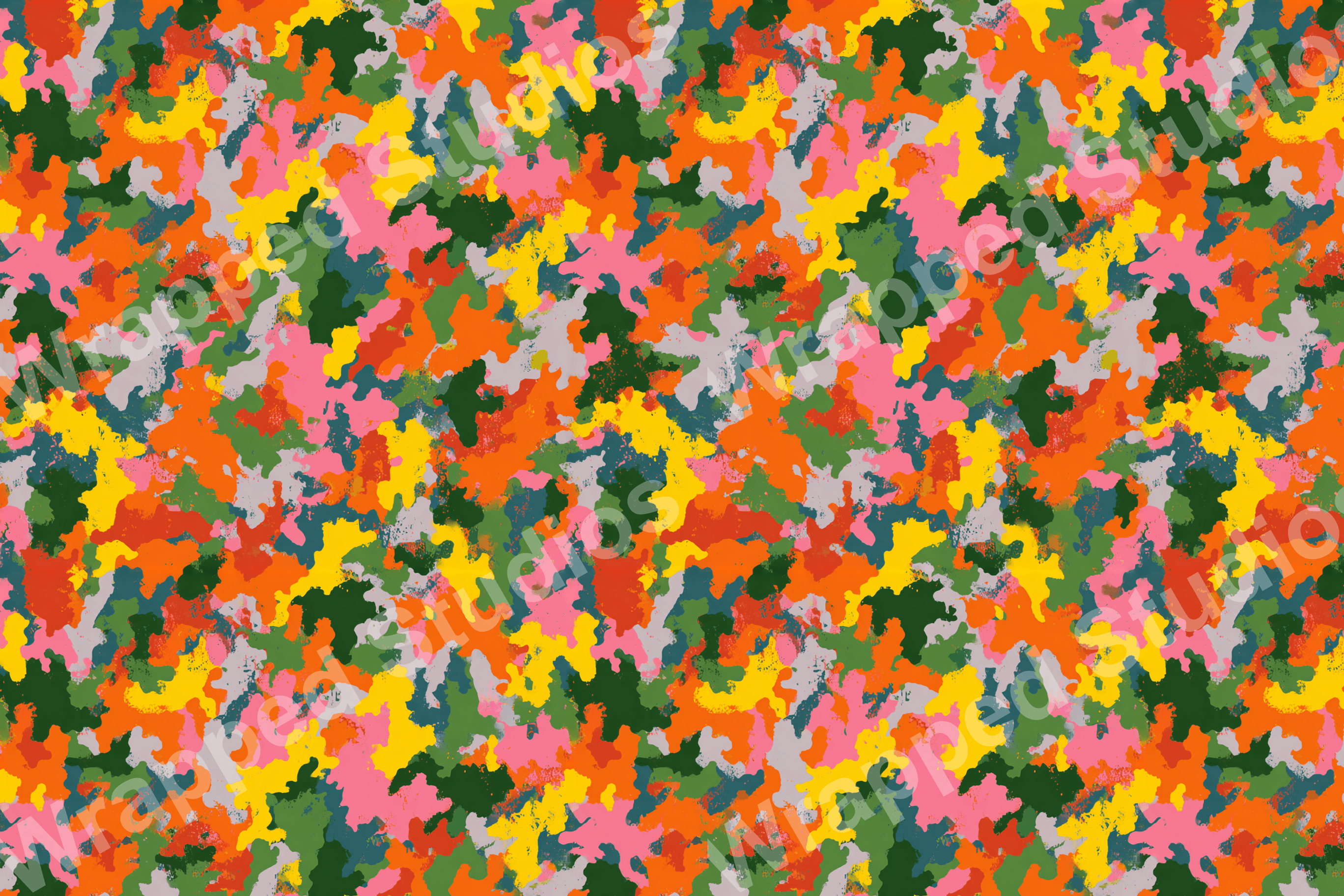 Colorful abstract camouflage pattern with pink, orange, yellow, green, grey, and red organic shapes.
