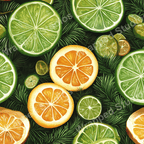Citrus fruit pattern with oranges and limes on a dark green pine needle backdrop; festive and bright.