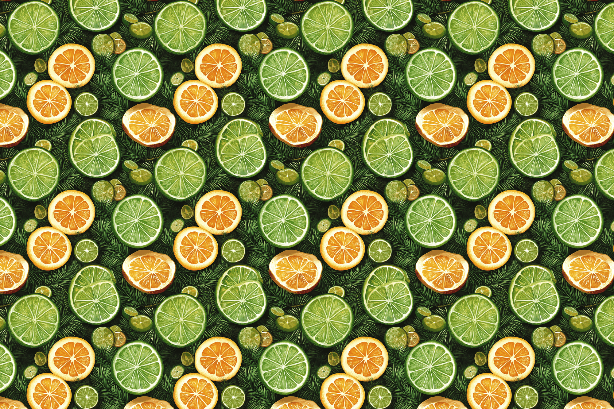 Pattern of sliced oranges and limes on a green background. Wrapped Studios luxury wrapping paper.