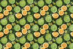 Seamless fruit pattern with citrus slices in green and orange on a dark green botanical backdrop.