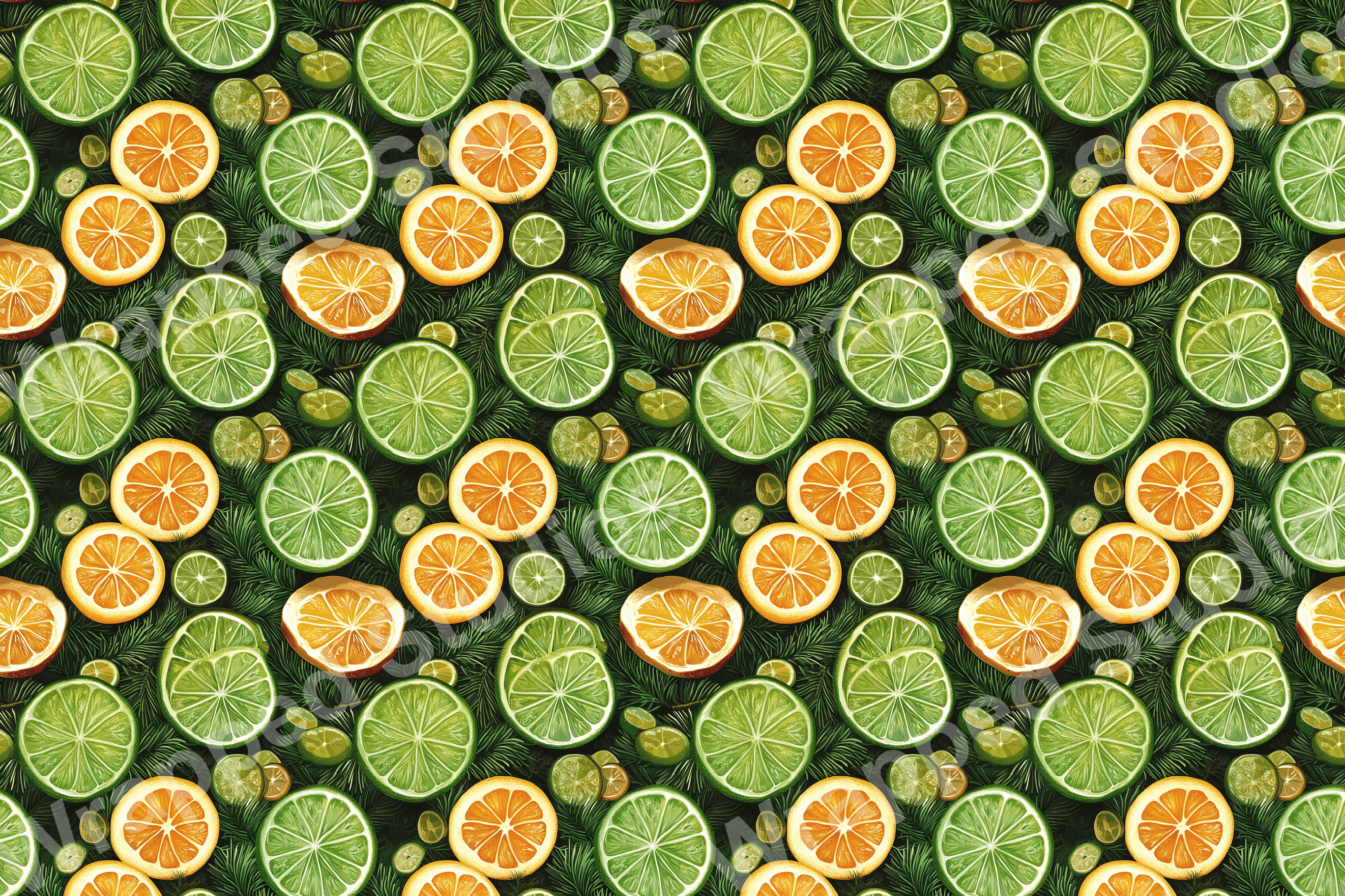 Seamless fruit pattern with citrus slices in green and orange on a dark green botanical backdrop.