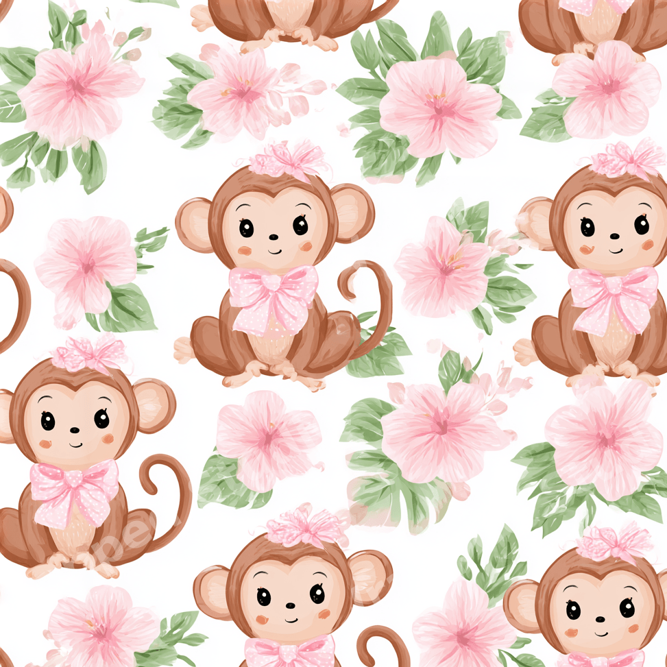 Playful watercolor nursery pattern featuring cute monkeys, pink hibiscus flowers, and green leaves.
