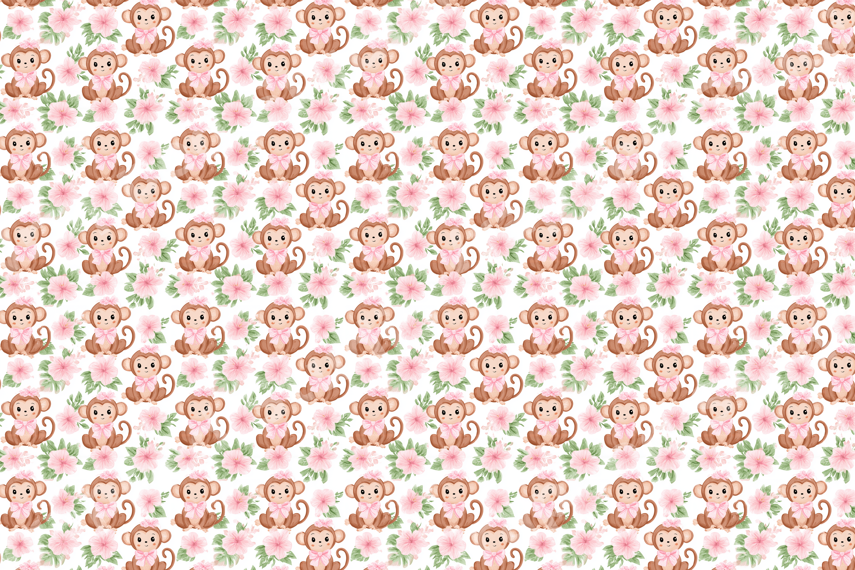 Cute watercolor baby monkey and pink tropical hibiscus floral pattern on white.