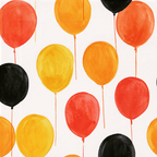 Playful watercolor balloon pattern featuring hand-painted red, orange, yellow, and black balloons.