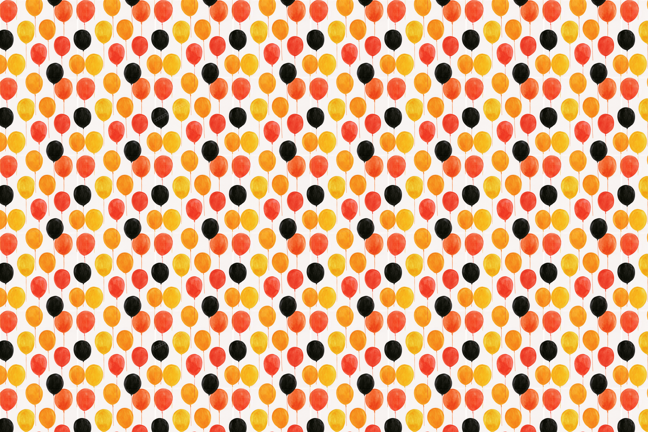 Playful watercolor balloon pattern with orange, black, red, and yellow party balloons on a white background.