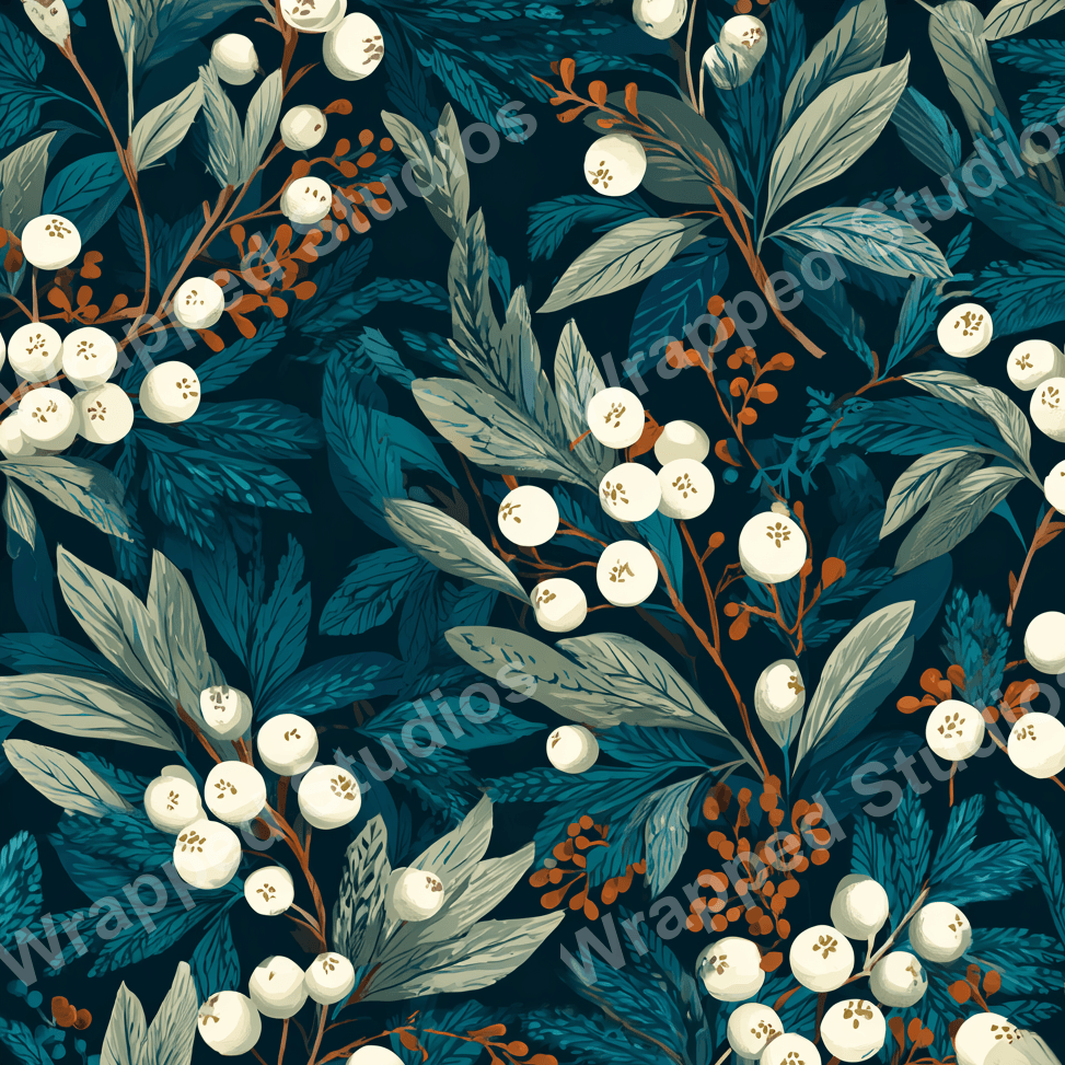 Elegant botanical pattern with winter berries and teal foliage on a dark ground.