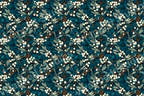 Teal botanical pattern with leaves and white berries, a vintage floral design.
