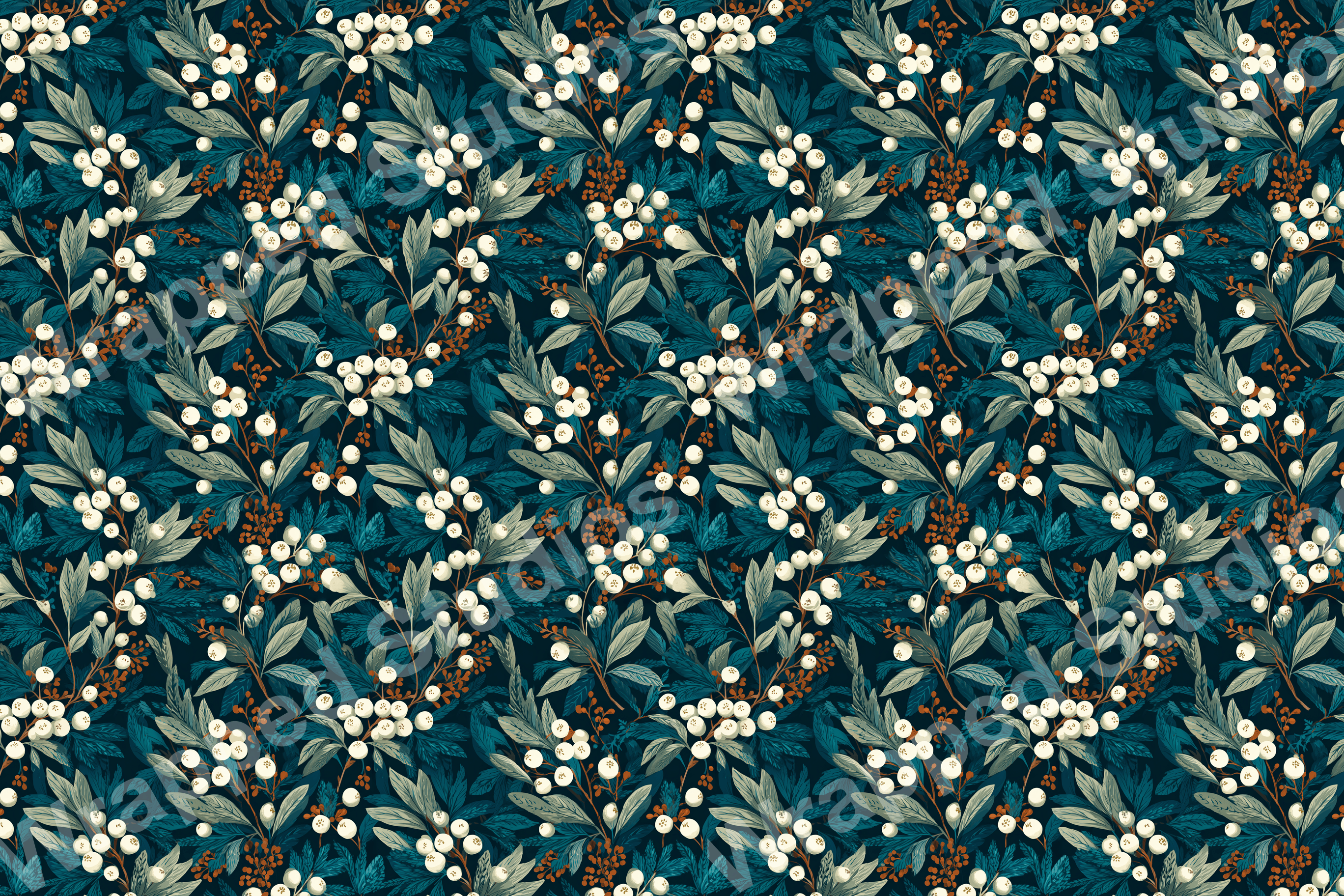 Teal botanical pattern with leaves and white berries, a vintage floral design.
