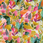 Vibrant abstract floral pattern with colorful watercolor botanical collage elements in pink, teal, and yellow.