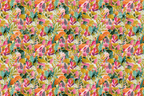 Modern botanical print featuring whimsical colorful flowers and tropical leaves in a seamless boho pattern.