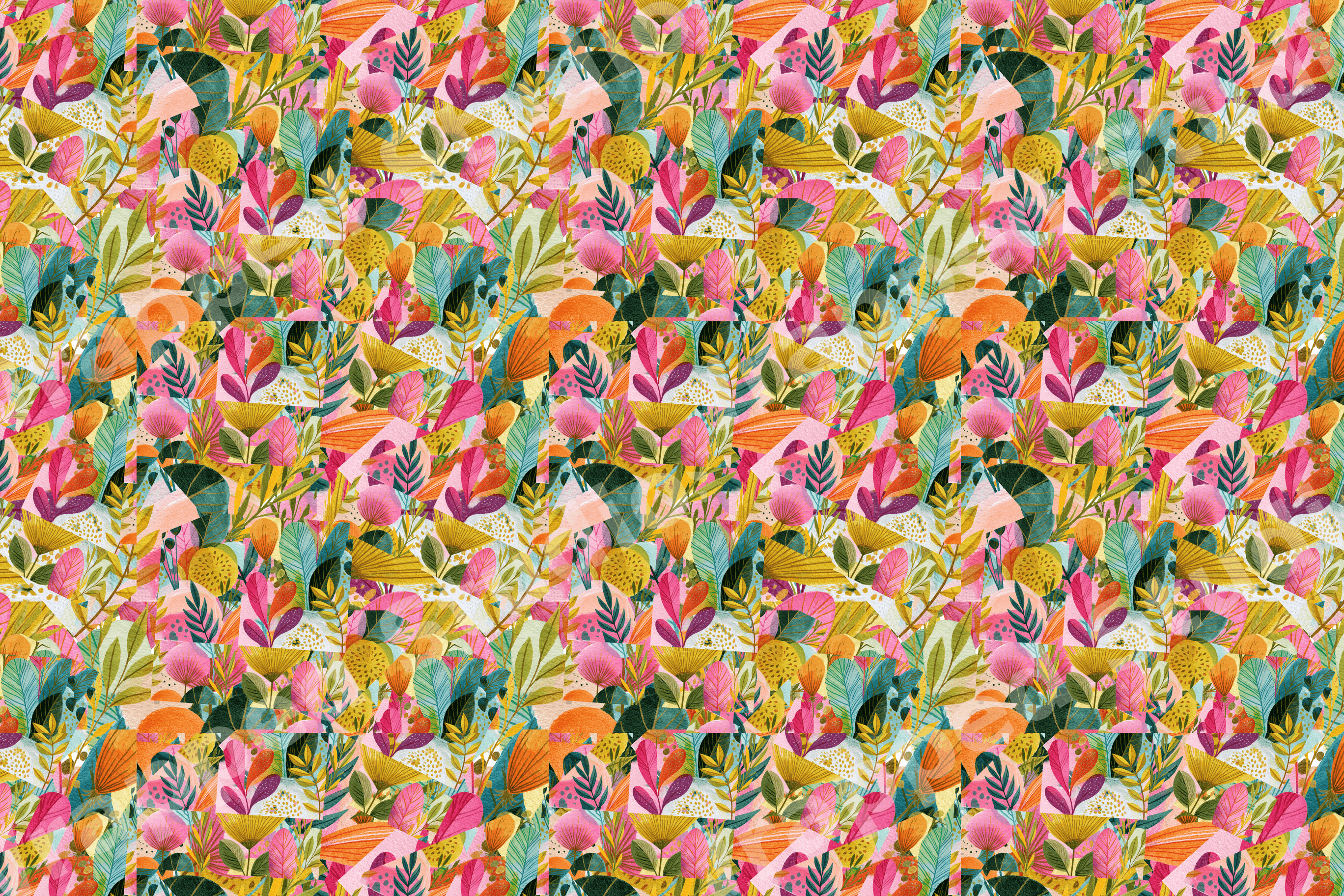 Modern botanical print featuring whimsical colorful flowers and tropical leaves in a seamless boho pattern.