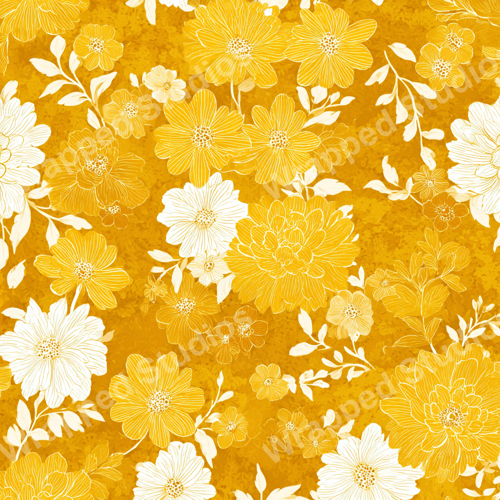 Sunny yellow floral pattern with white accents creates a cheerful, vintage-inspired botanical design.