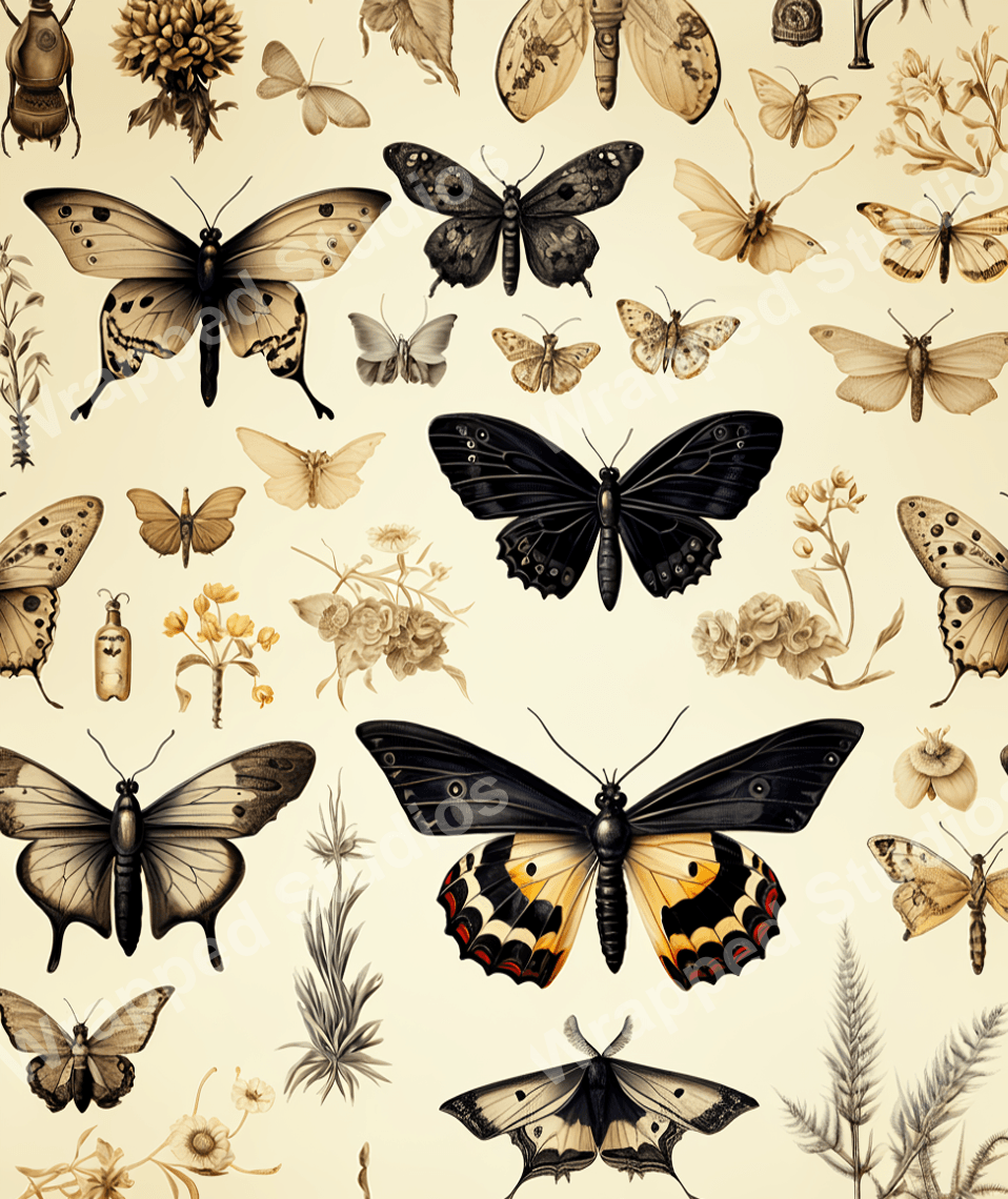 Elegant vintage butterfly pattern with sepia tones and botanical accents.