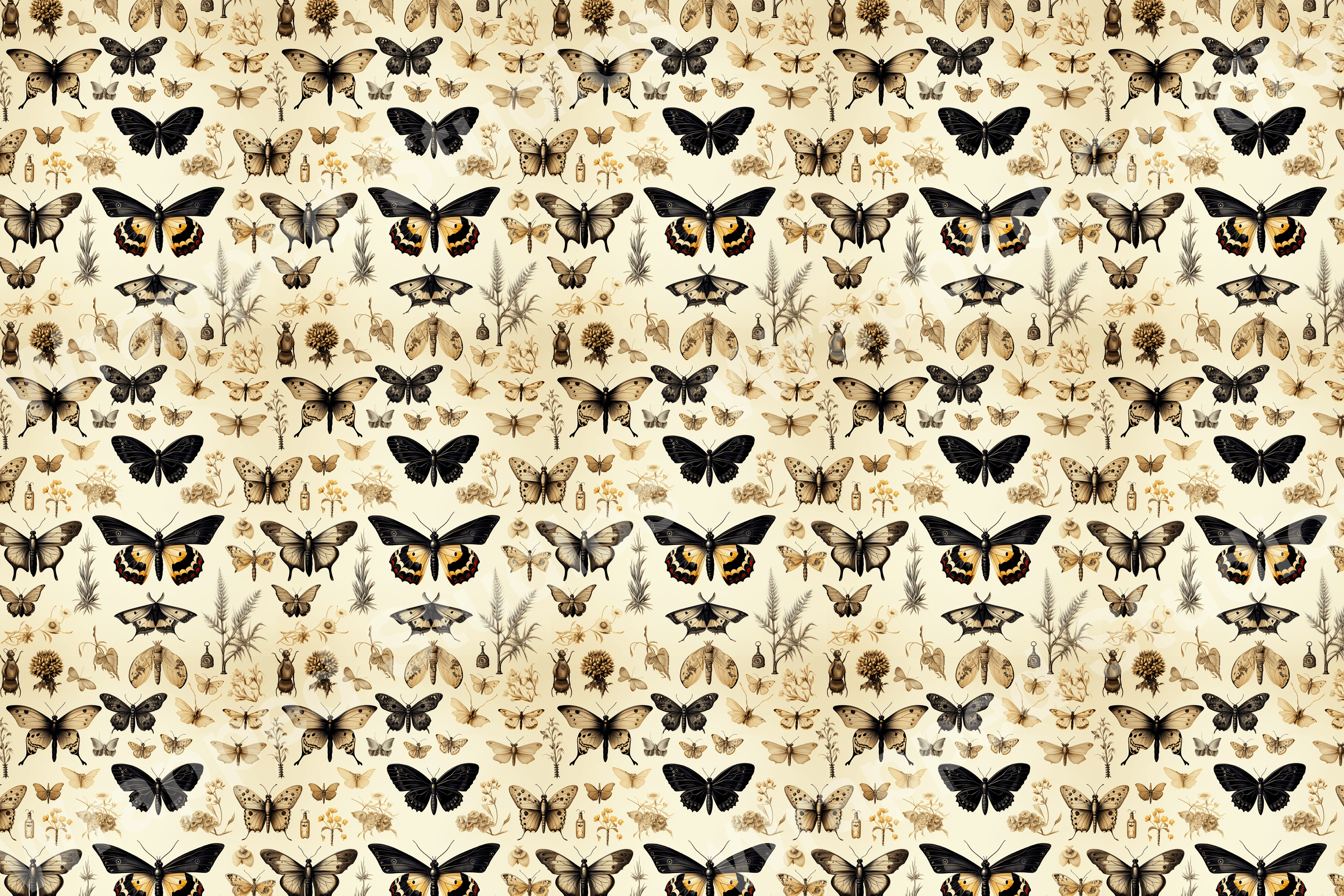 Vintage botanical design with a variety of butterflies and sepia-toned florals.