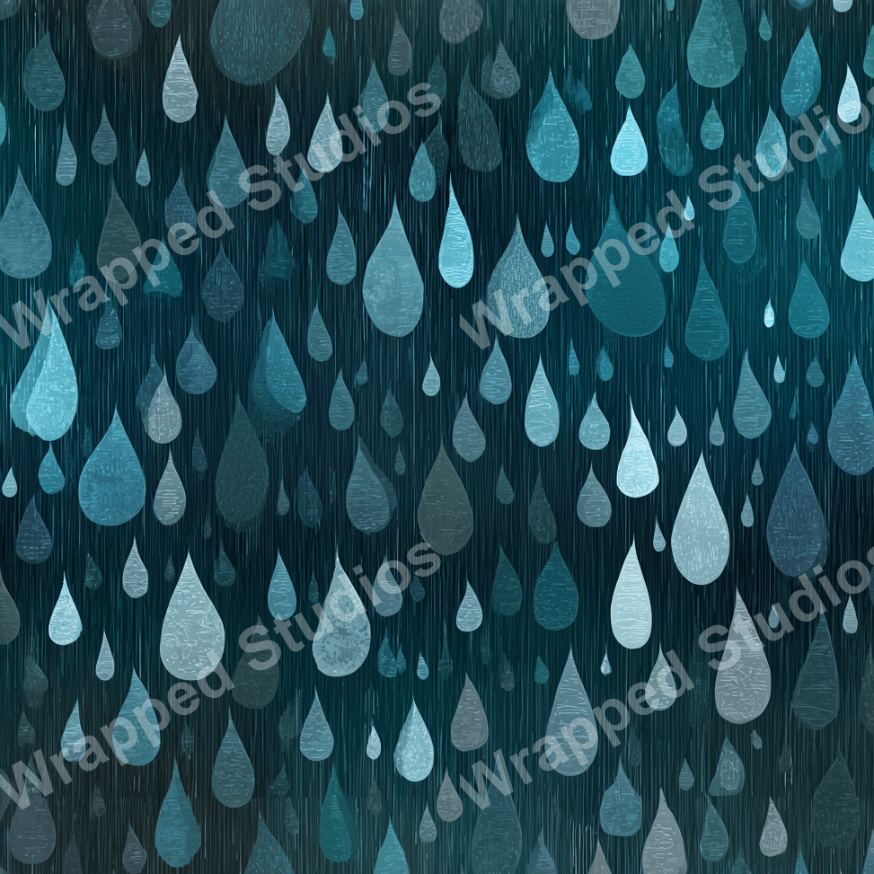 Teal and gray raindrop motif in a textured, stylized abstract pattern.