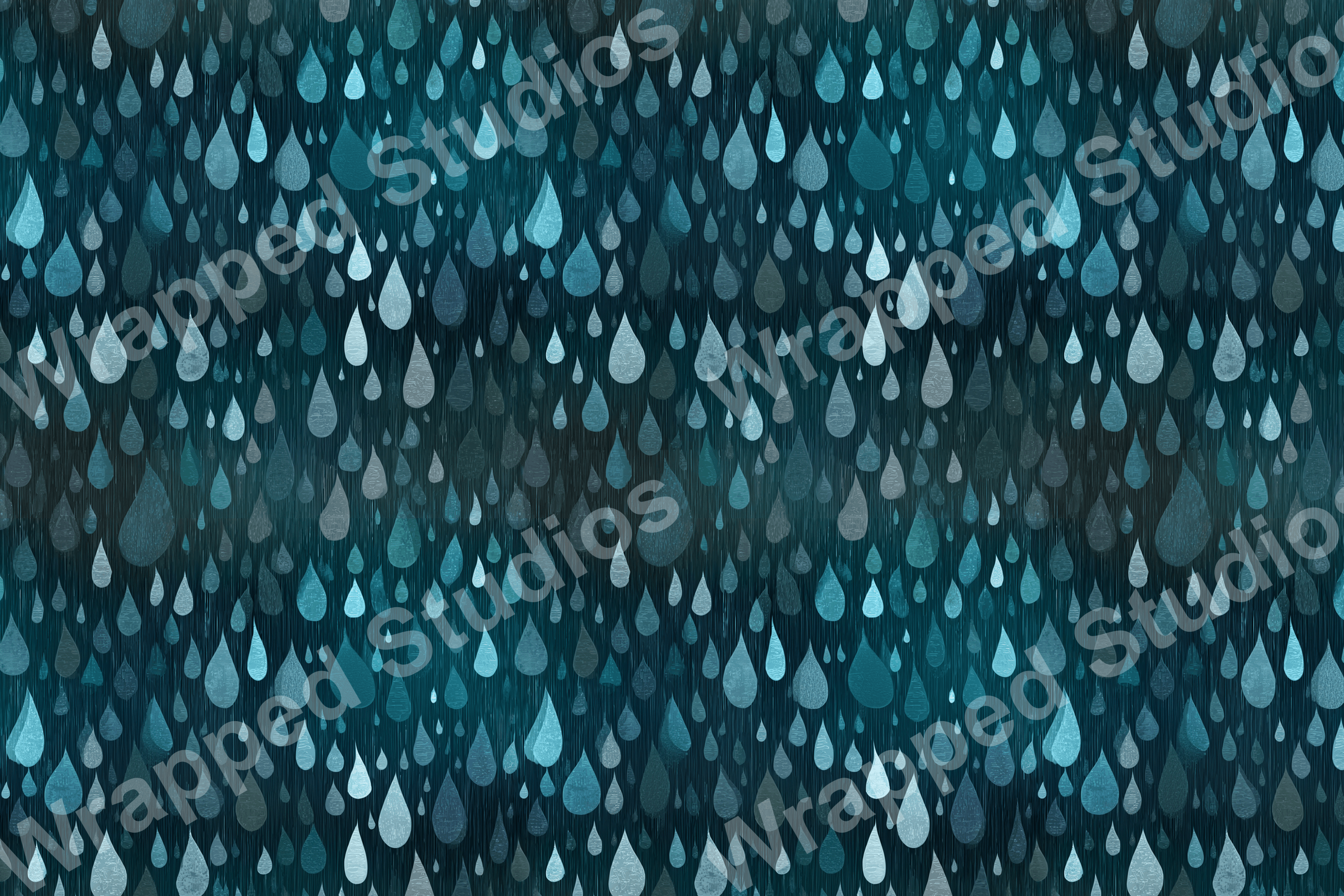 Seamless pattern of abstract rain drop shapes in various shades of teal blue on a dark ground.