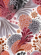 Modern abstract floral pattern with boho botanical shapes and dots in pink, burgundy, and terracotta.
