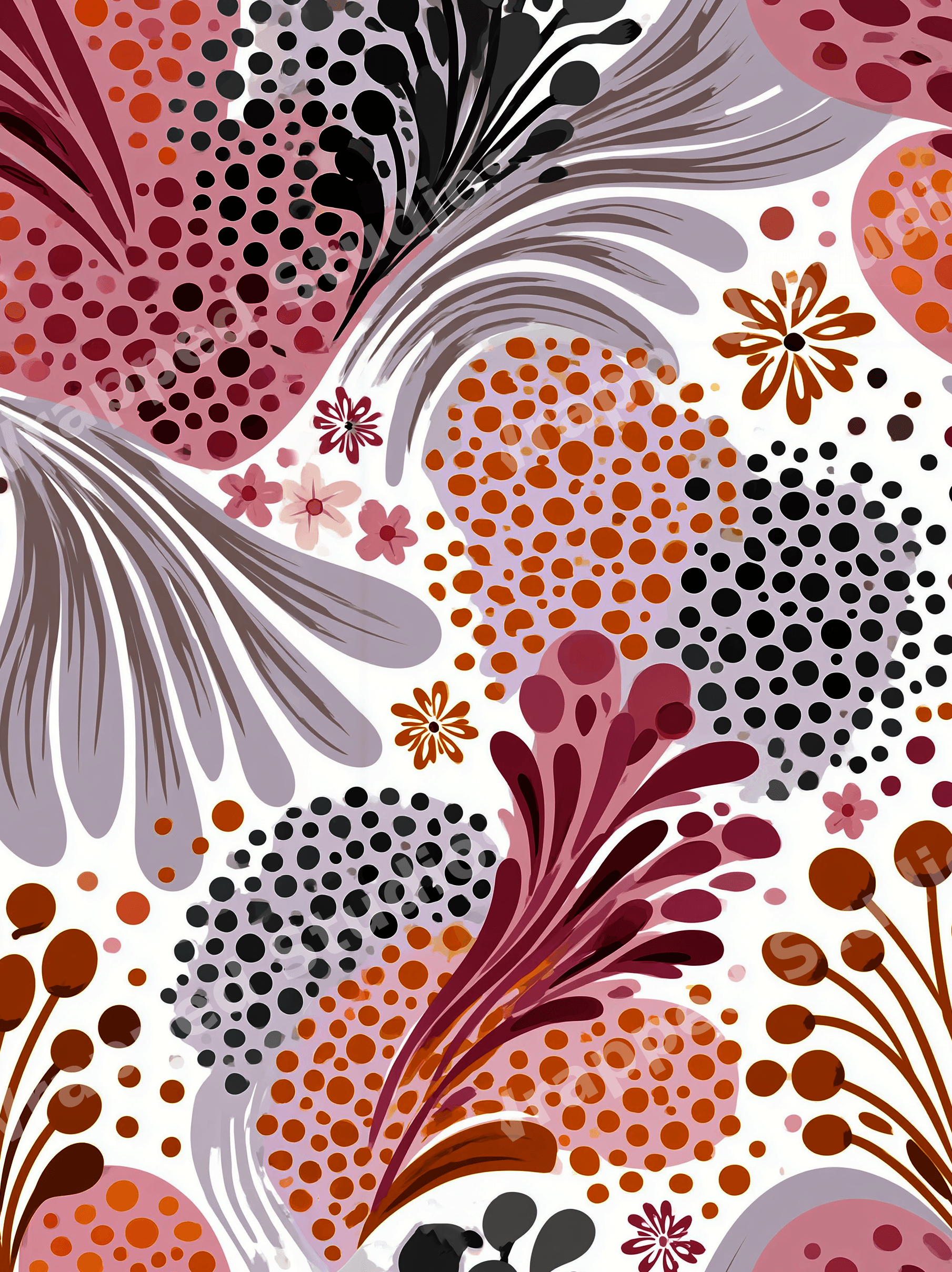 Modern abstract floral pattern with boho botanical shapes and dots in pink, burgundy, and terracotta.