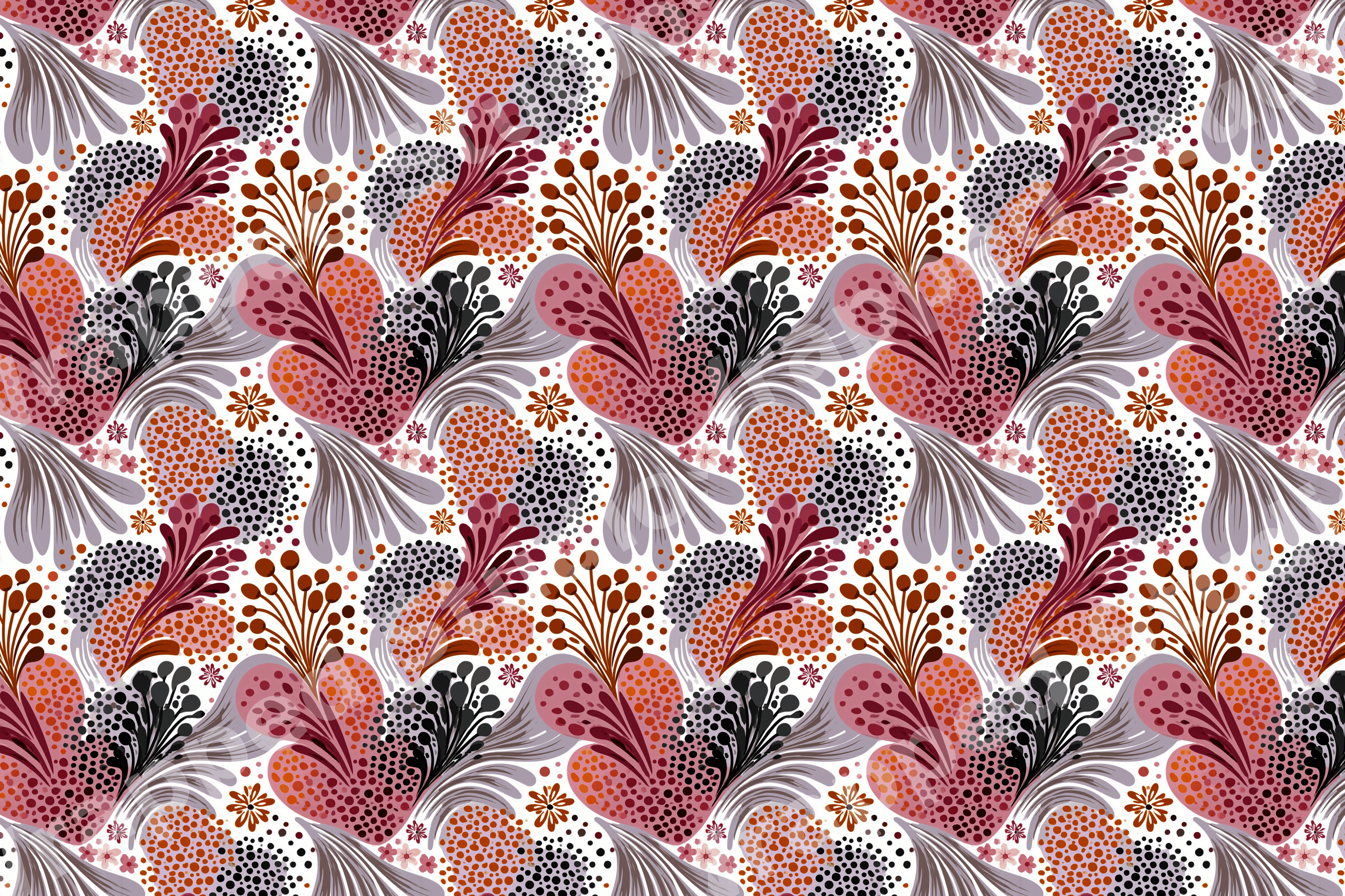 Boho floral pattern with terracotta, burgundy, and mauve abstract botanical motifs and dotted textures.