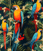 Vibrant parrot and tropical leaf pattern in yellow, blue, red and green on a dark background.
