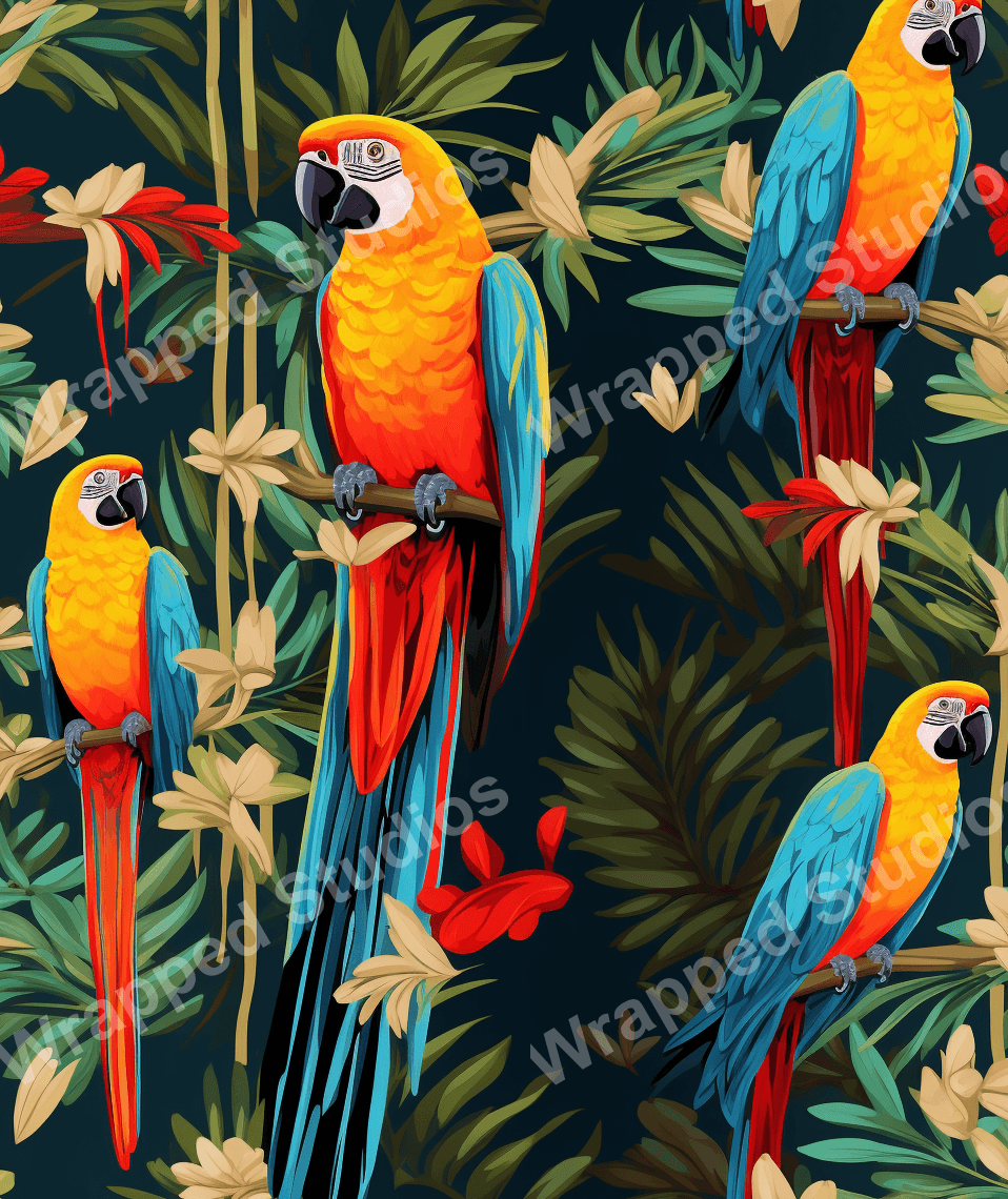 Vibrant parrot and tropical leaf pattern in yellow, blue, red and green on a dark background.