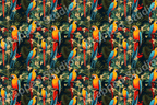 Colorful parrot pattern with tropical foliage on a dark background.