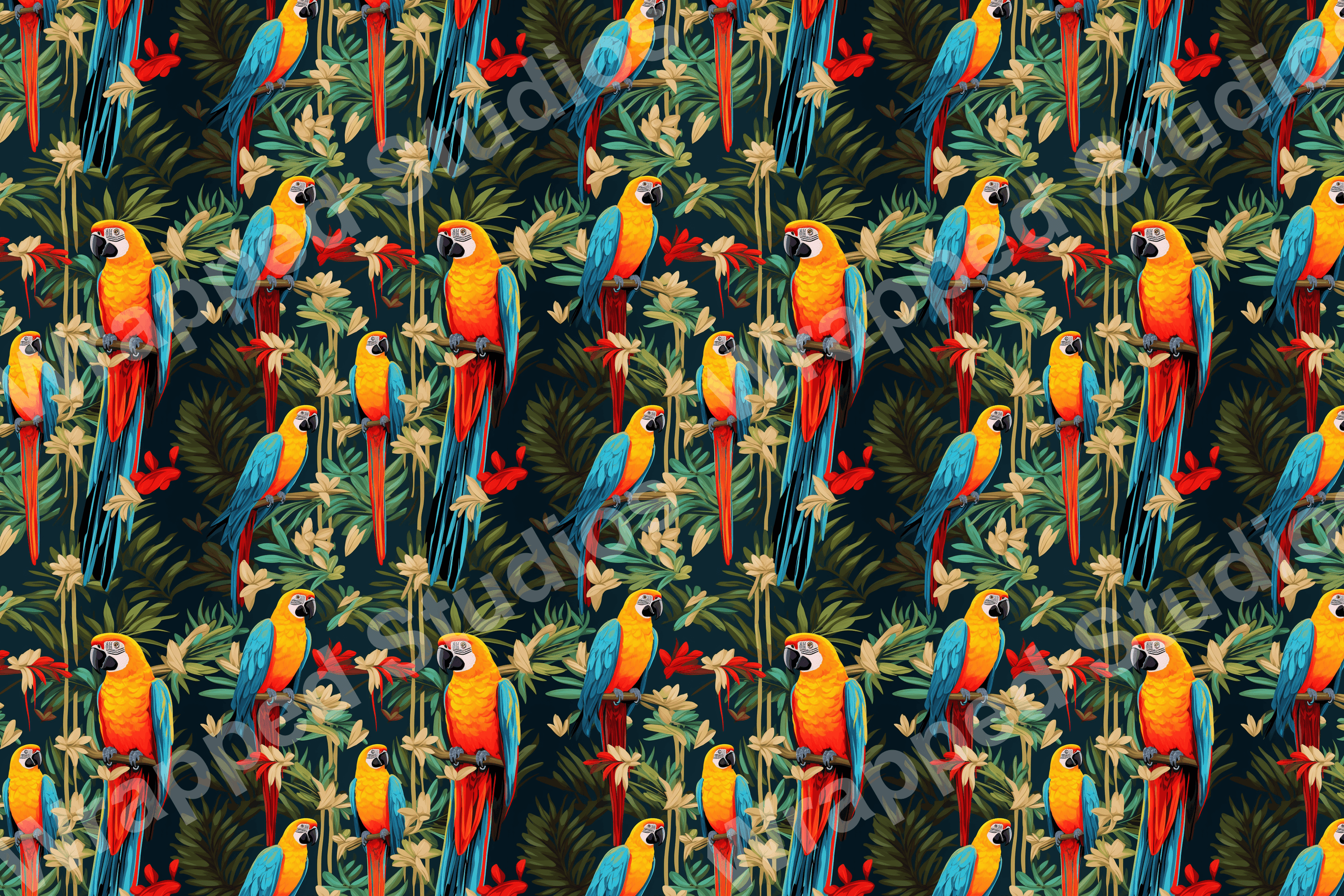 Colorful parrot pattern with tropical foliage on a dark background.