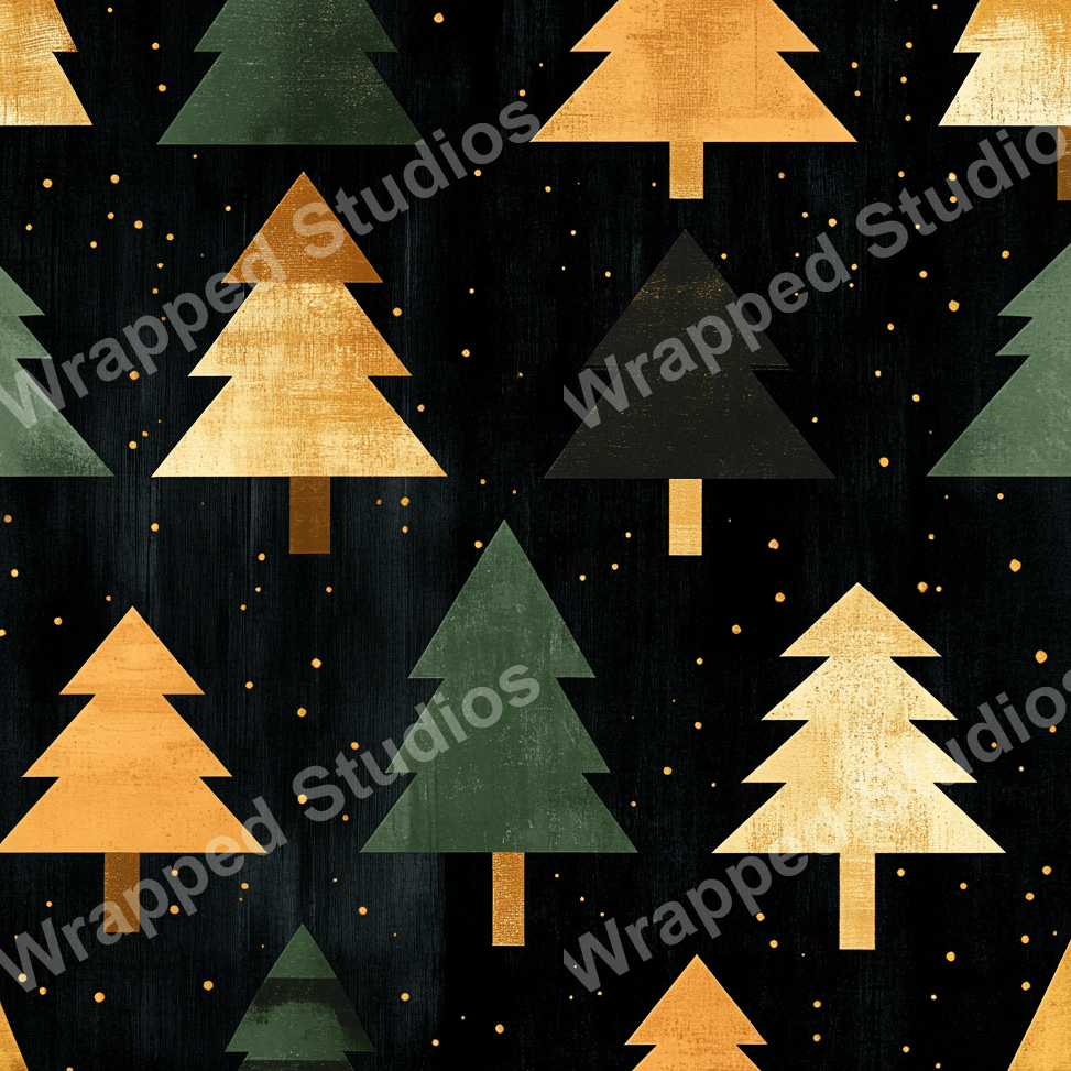 Festive Christmas tree pattern with gold, green and black on dark background.