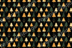 Seamless festive tree pattern with gold, green and black palette on dark background.