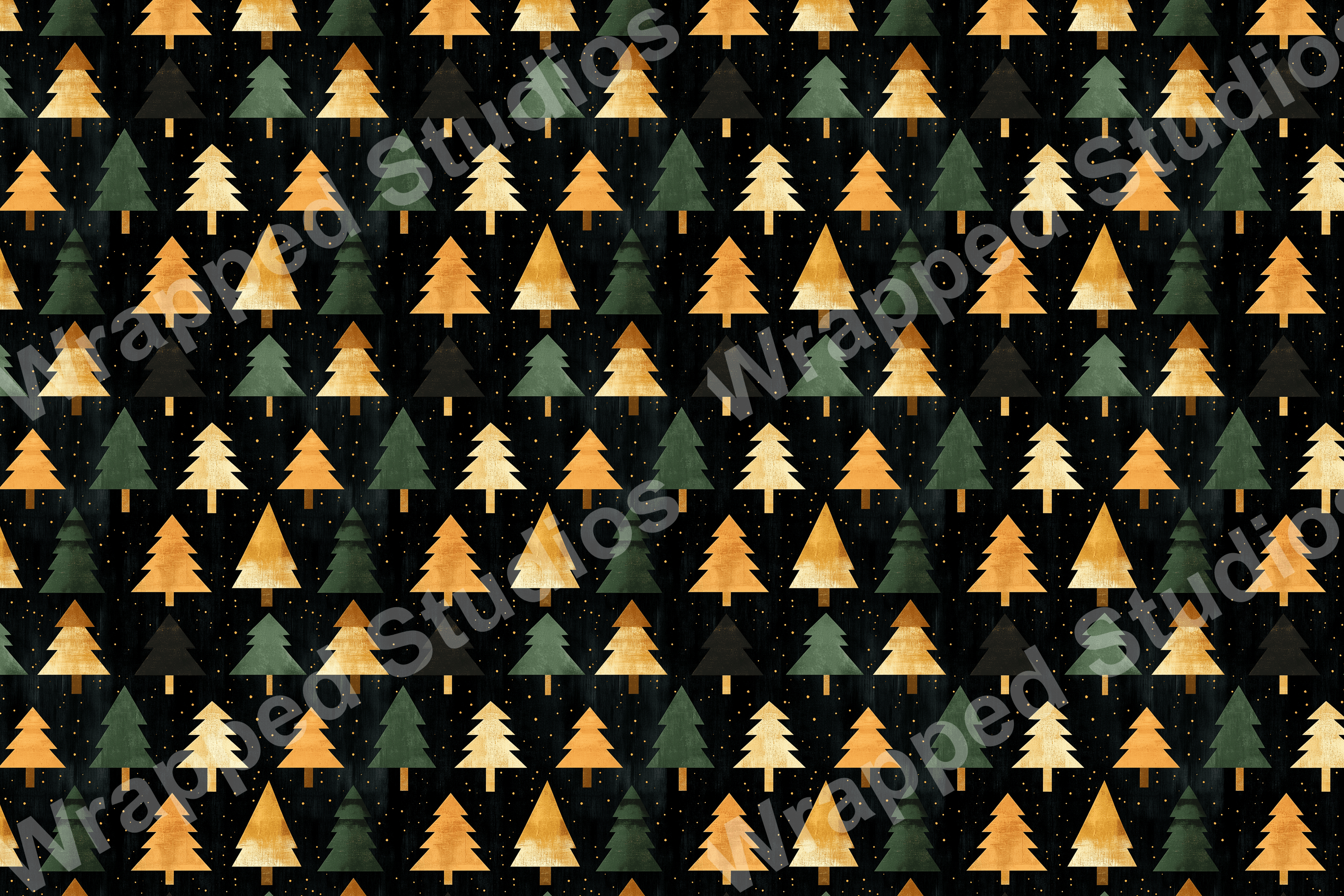 Seamless festive tree pattern with gold, green and black palette on dark background.